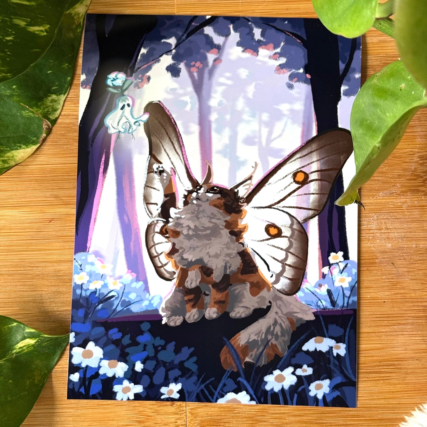 Ghostly silk moth cat print